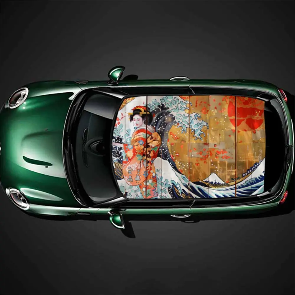 

Японская гейша для девочек, волна, красное солнце, наклейка на крышу автомобиля, обертка для гонок, внедорожника, автоаксессуары, упаковка, ПВХ, капот автомобиля, графическая наклейка, декор