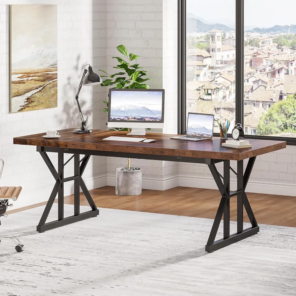 Sturdy 70.8" Office Desk for Home & Business, Brown/Black Computer Table, Perfect Study & Writing Workstation, Ergonomic Design.