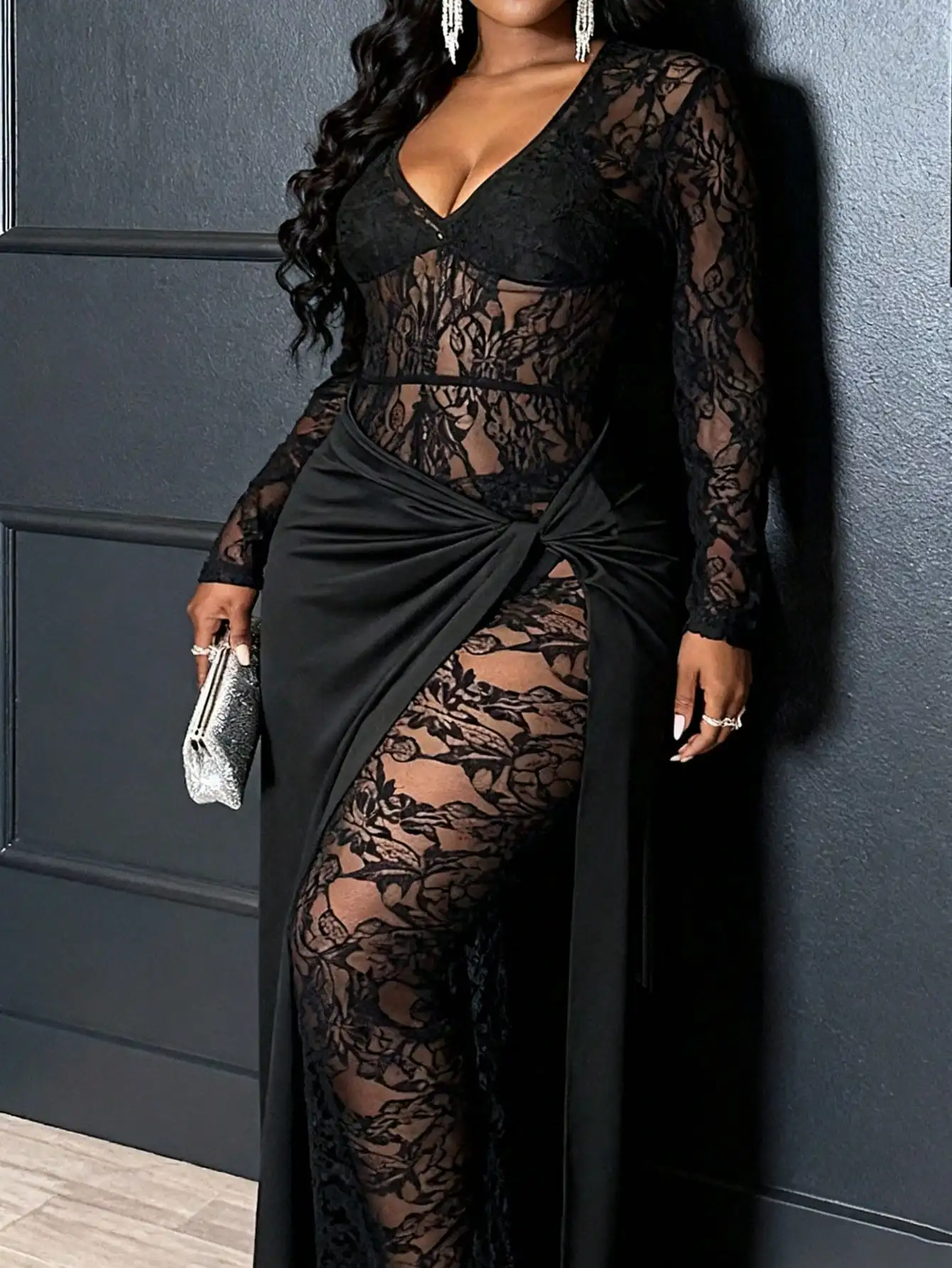 

Black Sheer Lace Maxi Jumpsuit with Twist Waist, Deep V-Neck, Long Sleeves