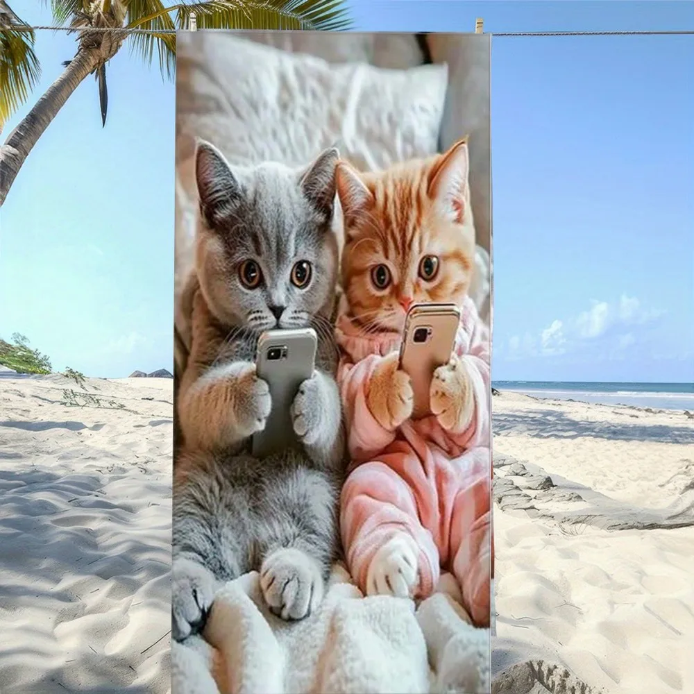 Beach Towel with Cute Cats Vacation Pattern Patterned Sunscreen And Windproof Suitable For Swimming Pool Camping Travel Blanket