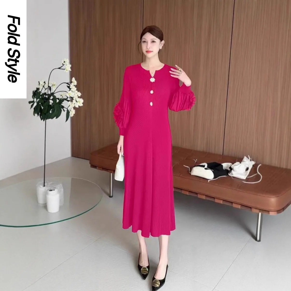 miyake-mode-2025-nouveau-design-sens-fleur-manches-dragon-lin-robe-plissee-temperament-ample-maigre-robe-plissee