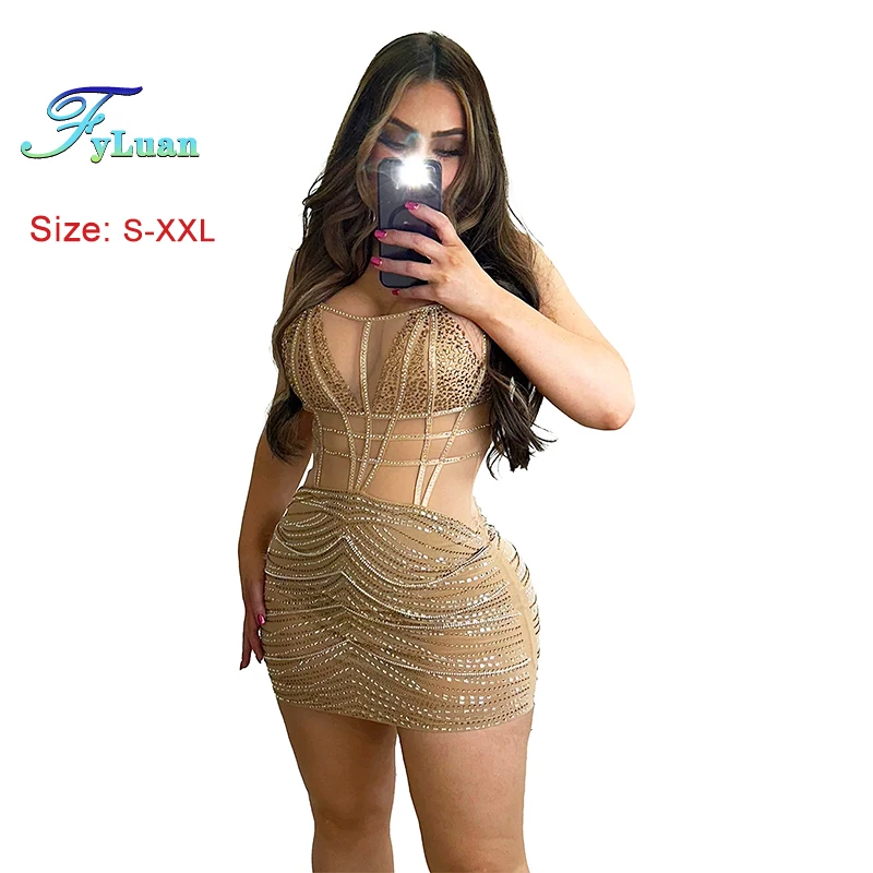 Durchsichtiger, ausgeschnittener Taillen-Frauen-Hosenträger-Kurzrock, eng anliegend, sexy Pailletten-Hosenträger, mittellanger Rock, Abend- und Geburtstagsrobe