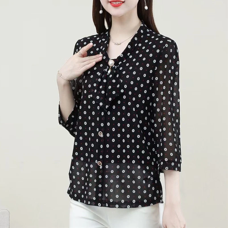 Women\'s Clothing Korean Fashion Print Beaded Bow Elegant Blouses 2023 Summer Half Sleeve Thin Shirts Ladies Slim Chic Tops Blusa