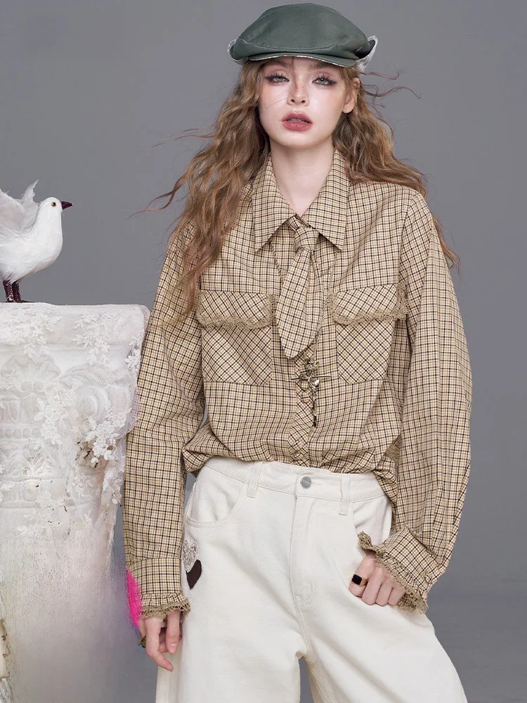 

Sle Plaid irt Женский повседневный свободный крой с кружевной отделкой в стиле пэчворк, хлопковый длинный топ на пуговицах Fairy ket Design