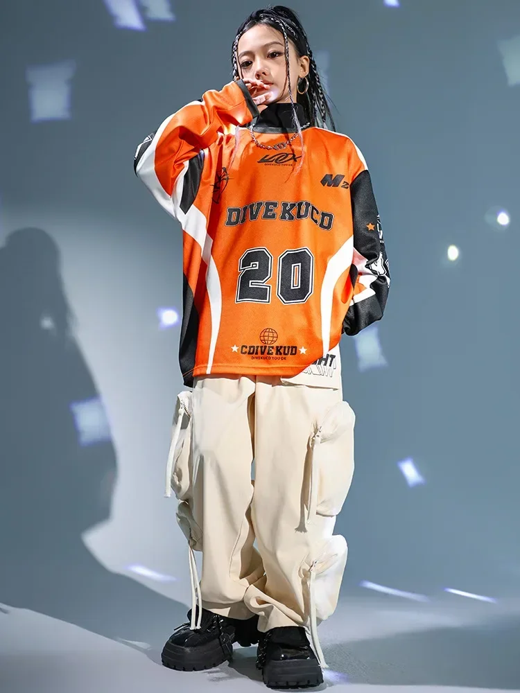 

Girl Boy Jazz Dance Costume Clothes Kid Hip Hop Clothing Orange Racing Long Sleeve T Shirt Top Beige Casual Wide Cargo Pants