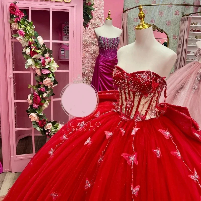 Sparkly Rose Red Large Bow Quinceanera DressBeads Crystal Bow Off The Shoulder Tull Corset Princess Sweet 16 Vestido De 15 Anos