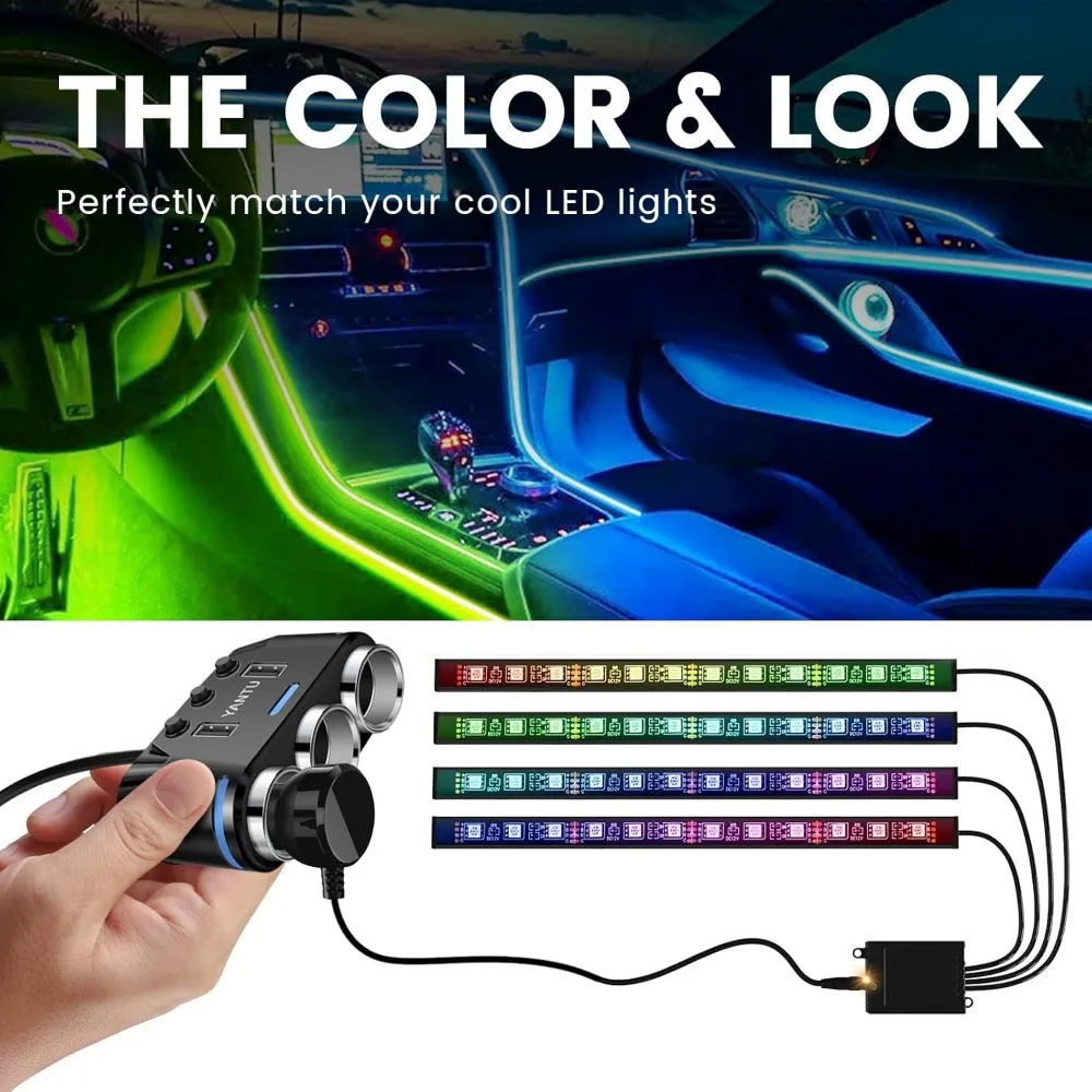 محول ولاعة سجائر YANTU ومقسم مع 3 مقابس بقدرة 150 وات وإضاءة محيطة LED، ومخرج سيارة مزدوج USB للشحن السريع 12 فولت