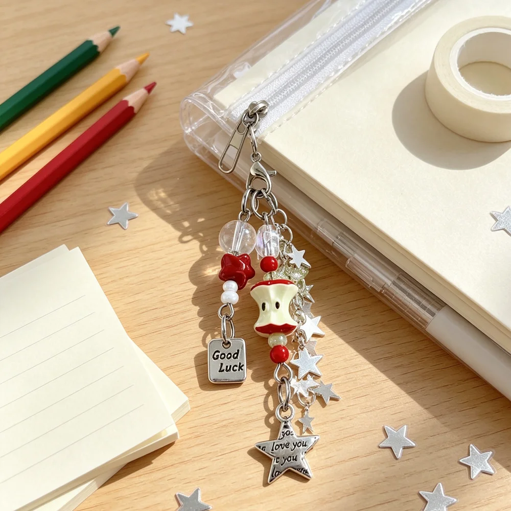 Cute Handmade Beaded Star Apple Core Keychain Good Luck Engraved Pendant Charm for CCD Phone Key Bag Camera Backpack Key Chain