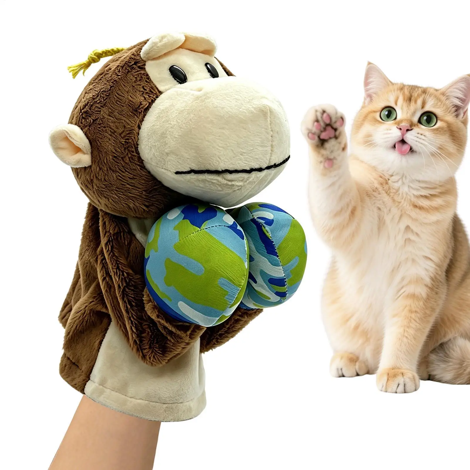 Cat Wrestling Glove With Sound Interactive Plush Monkey Stuffed Animals Dog Boxing Play Punching Gloves For Puppy Kitten Medium