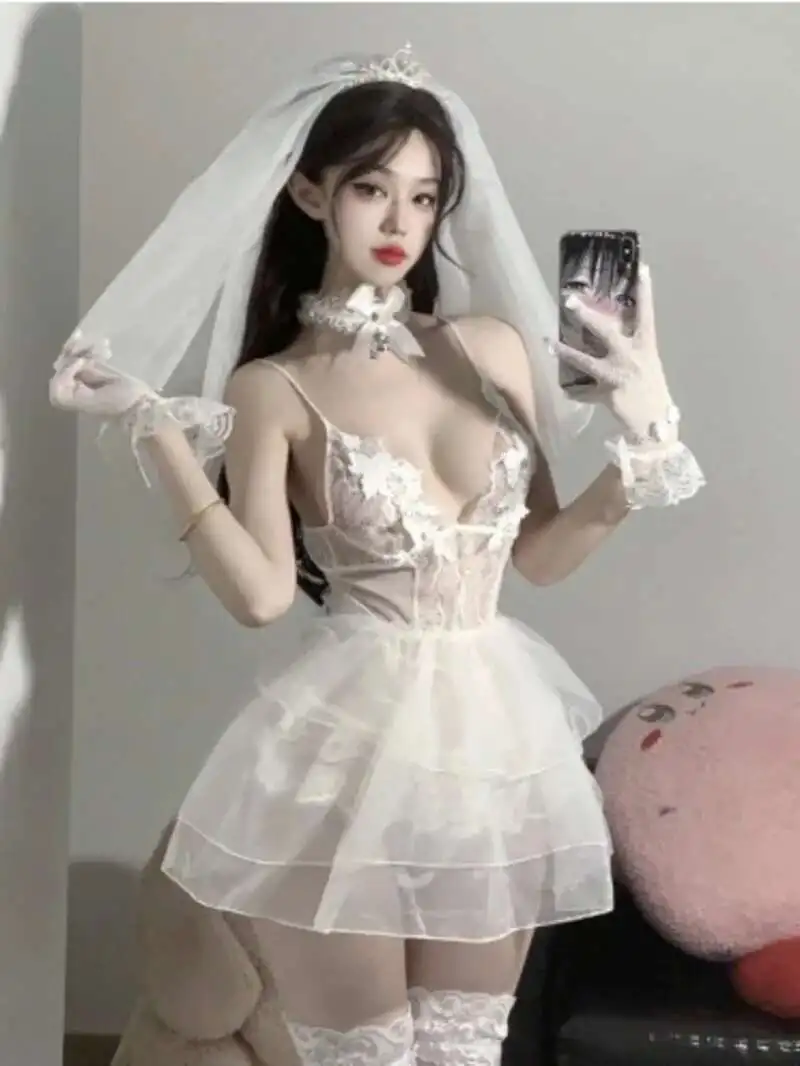 Bielizna Koronkowa Seksowna Siatka Panna Młoda Odgrywanie ról Seksowny dekolt V Wydrążony Uwodzenie Niski krój Bielizna nocna dla kobiet Elegancka sukienka X2MS