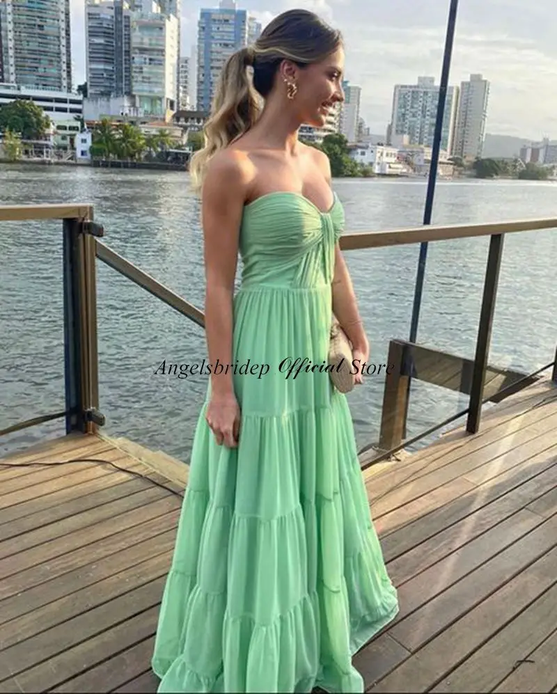 

Sage Chiffon Sweetheart Formal Evening Dresses Sexy Pleat Skirt Ruched Beach Prom Gown Arabic Party Dress Vestidos De Novia