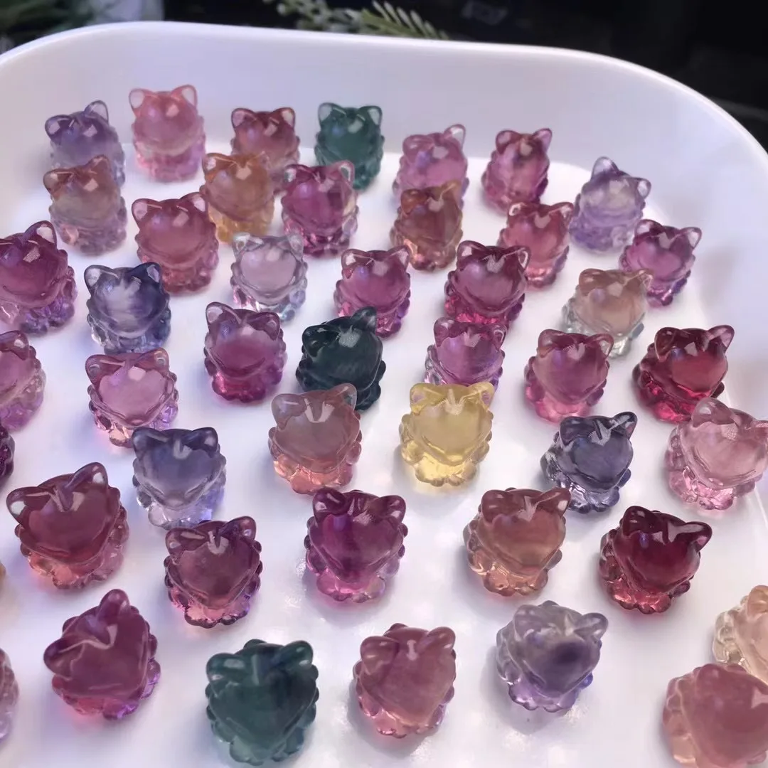 10pcs Natural Colored Fluorite Fox Carving Crystal Animal Figurines Assorted Colors Carved Animal Crafts Gift