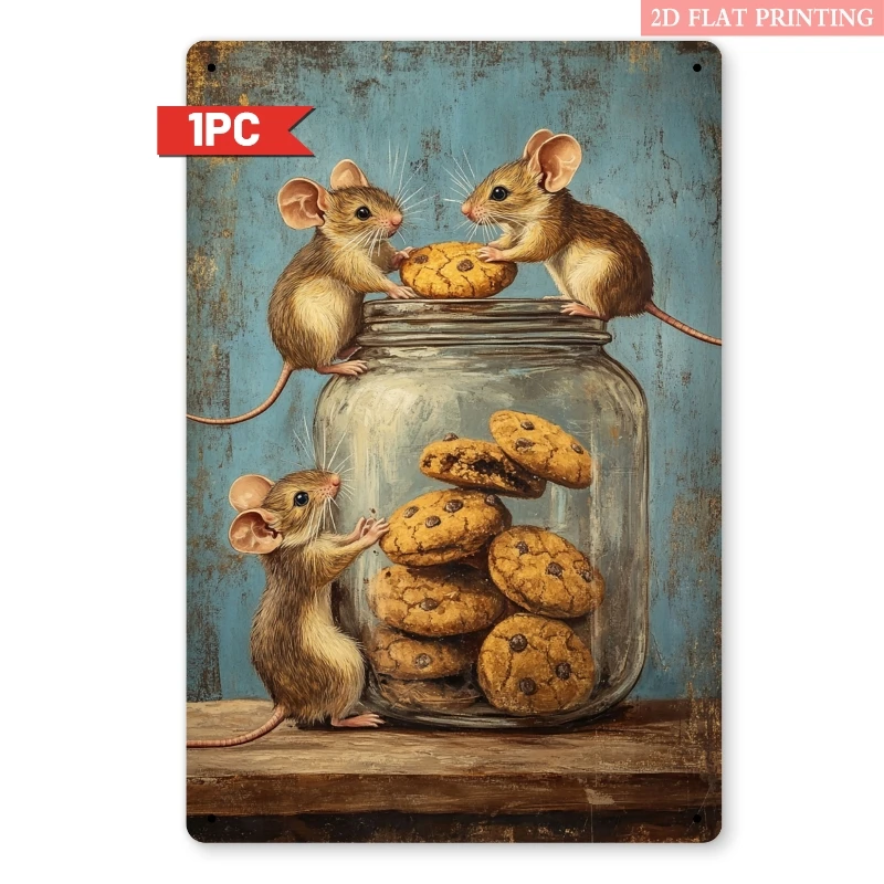 Retro Metal Sign 2D Flat, 1pc Vintage Mice & Cookies Jar Metal Wall Art - Rustic Iron Decorative Sign with Humorous Mouse Design