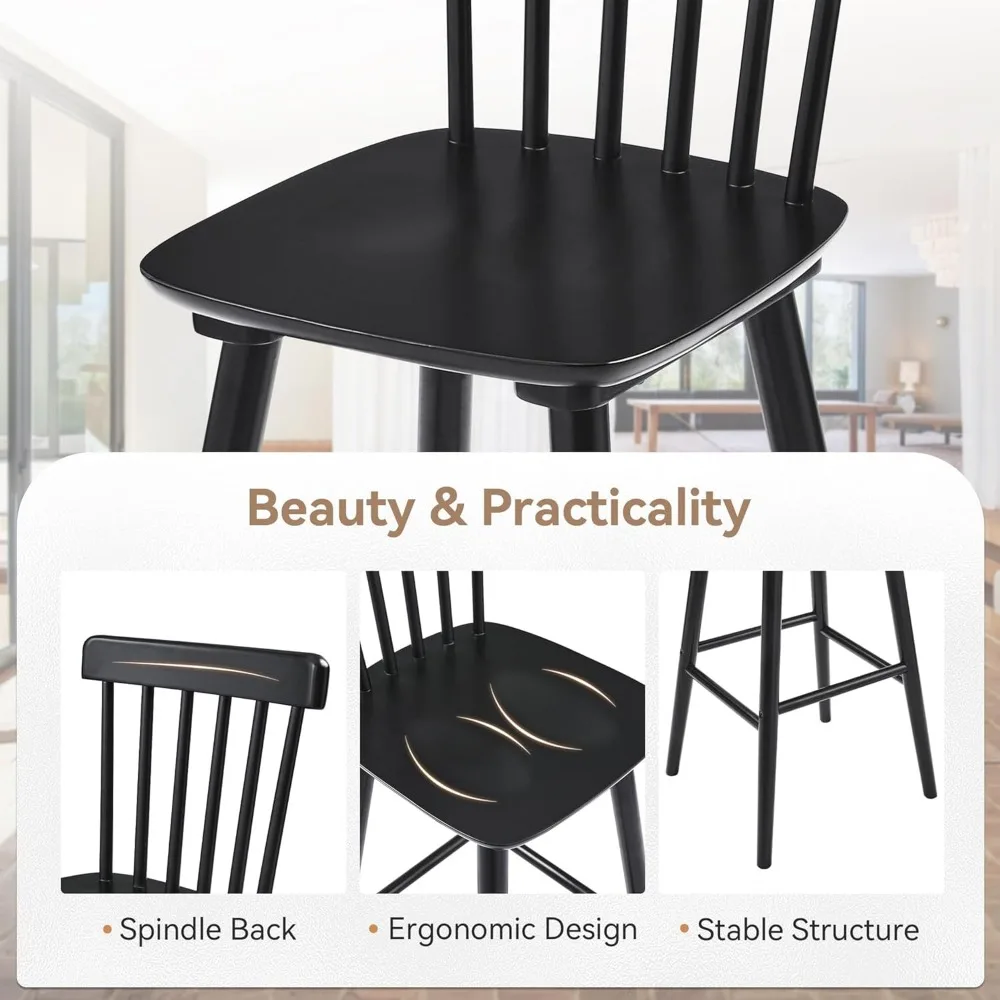 Conjunto de 2 bancos de bar de madeira para ilha de cozinha, cadeiras de bancos de altura de balcão de 24 polegadas com encosto de eixo, preto