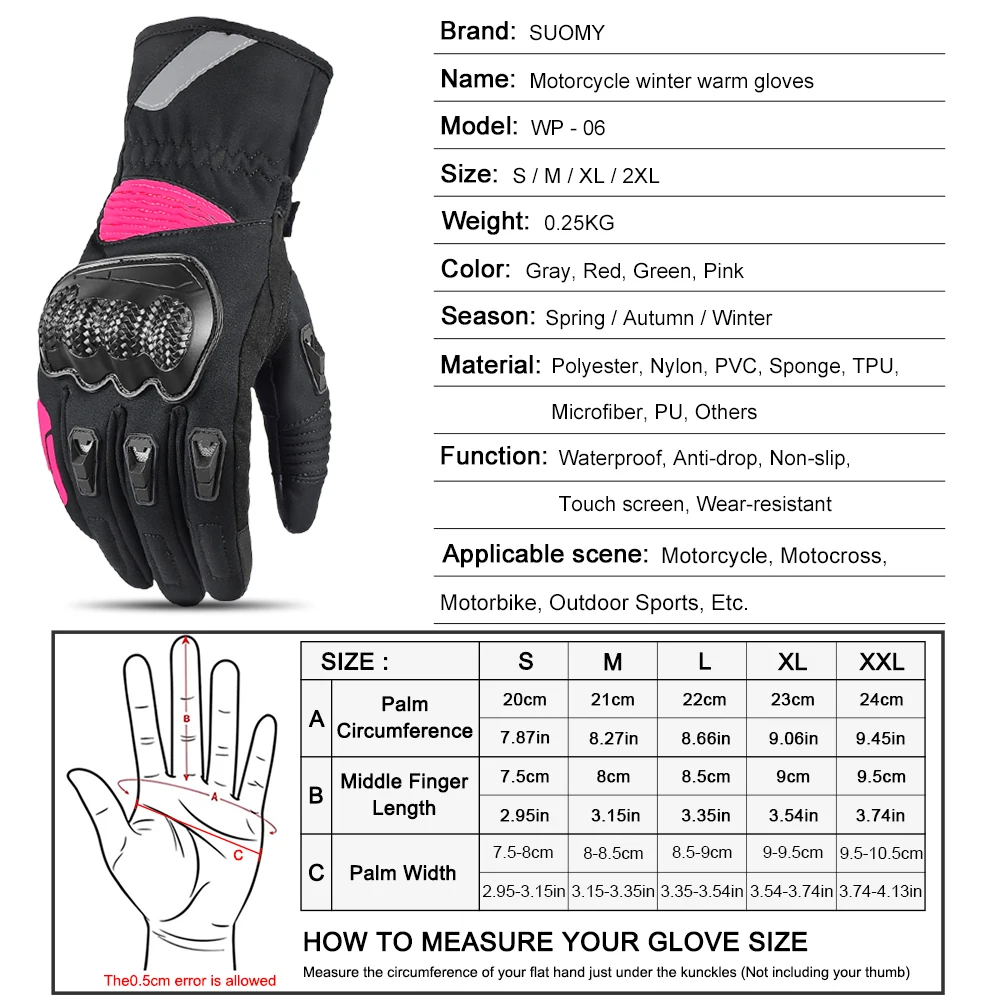 Suomy Women Winter Warm Motorcycle Gloves Lady Girls New Pink 100% Waterproof Guantes Moto Luvas Touch Screen Motocross Glove view 6