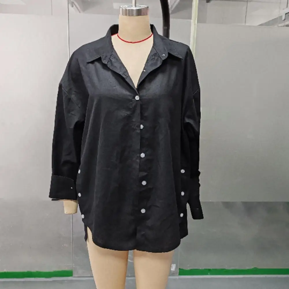 Camisa de manga longa feminina com lapela, top solto, monocromática, elegante, estilo básico, estilo de deslocamento, verão