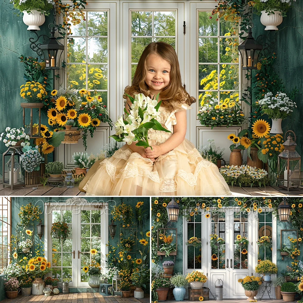 Fall Backdrop White Double Doors Windows Glass Panes Vases Watering Can Sunflowers Daisies Background Photo Studio Photocall