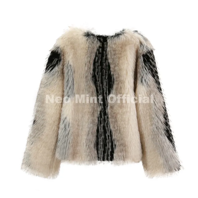 Neo Mint Luxury Brand Design Striped Patchwork Fur Jacket Women Winter Fluffy Faux Fox Fur Coats Chic Girls Thick Warm Outerwear