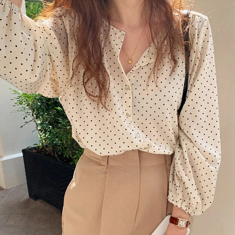 

O Neck Dot Print Chiffon Shirt For Women Casual Tops Autumn Long Sleeve Button-up Ladies Blouses Korean Chic Streetwear chemise