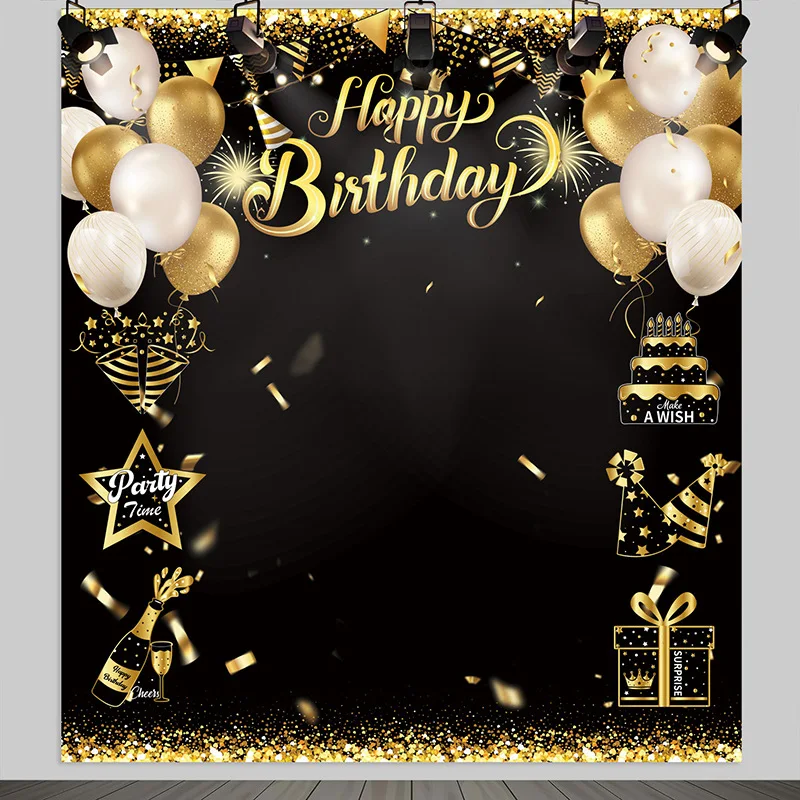 Black Gold Happy Birthday Backdrop Banner 30th 40th 50th 60th Birthday Photo Background Props