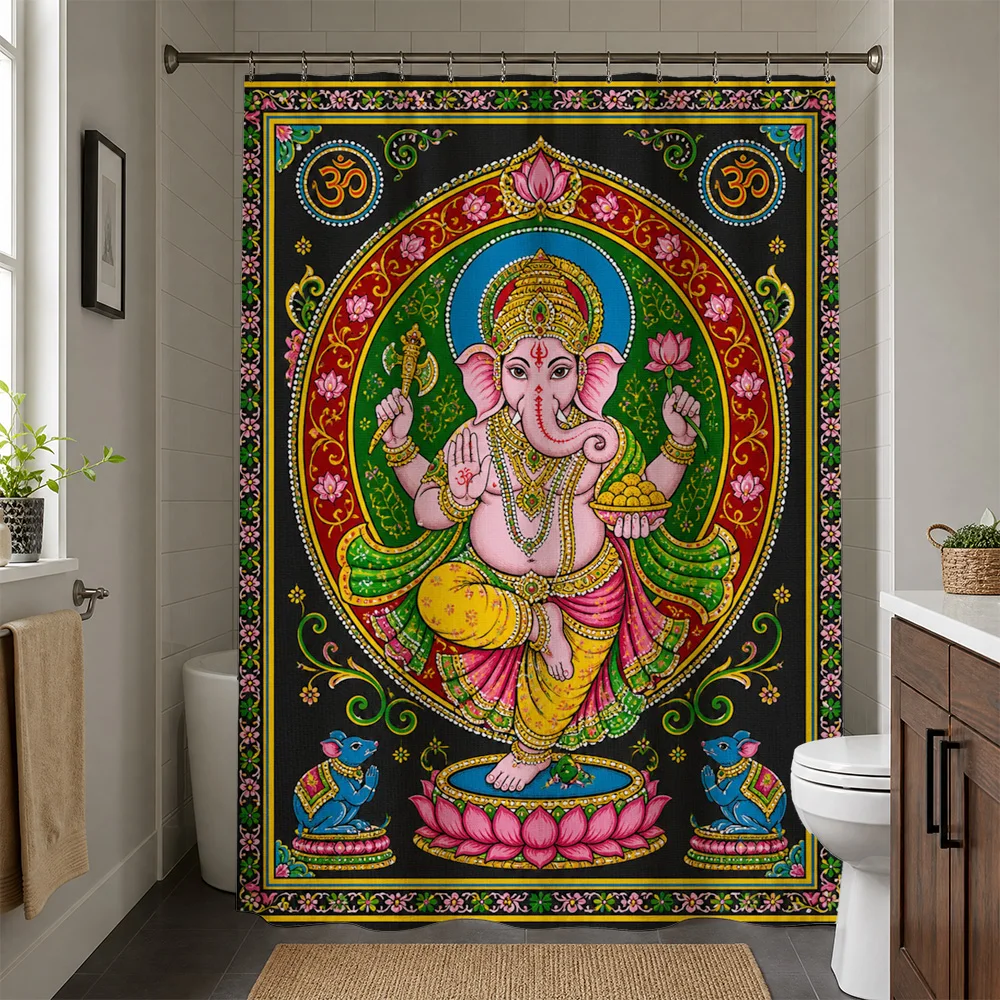 Vibrant Waterproof Ganesh Shower Curtain Indian Spiritual Hindu Ganesh Art Tapestry Lord Ganesha Religious Bathroom Decoration C