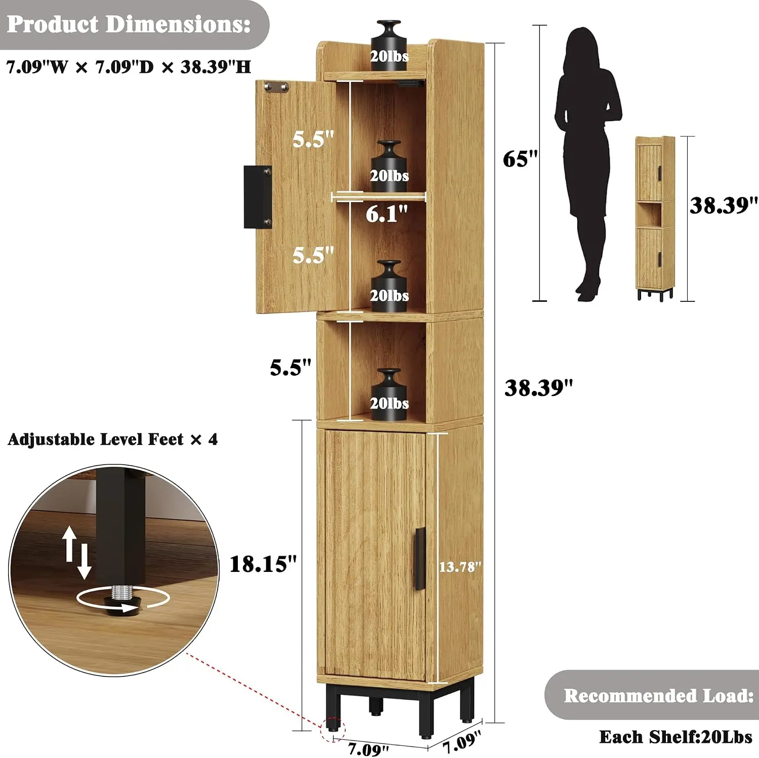 Small Bathroom Storage Cabinet,Narrow Toilet Paper Cabinet Oak | Corner Floor Cabinet with 2 Fluted Doors and Shelves,5 Tier Slim Bathroom Organizer with Adjustable Shelves for Small Space