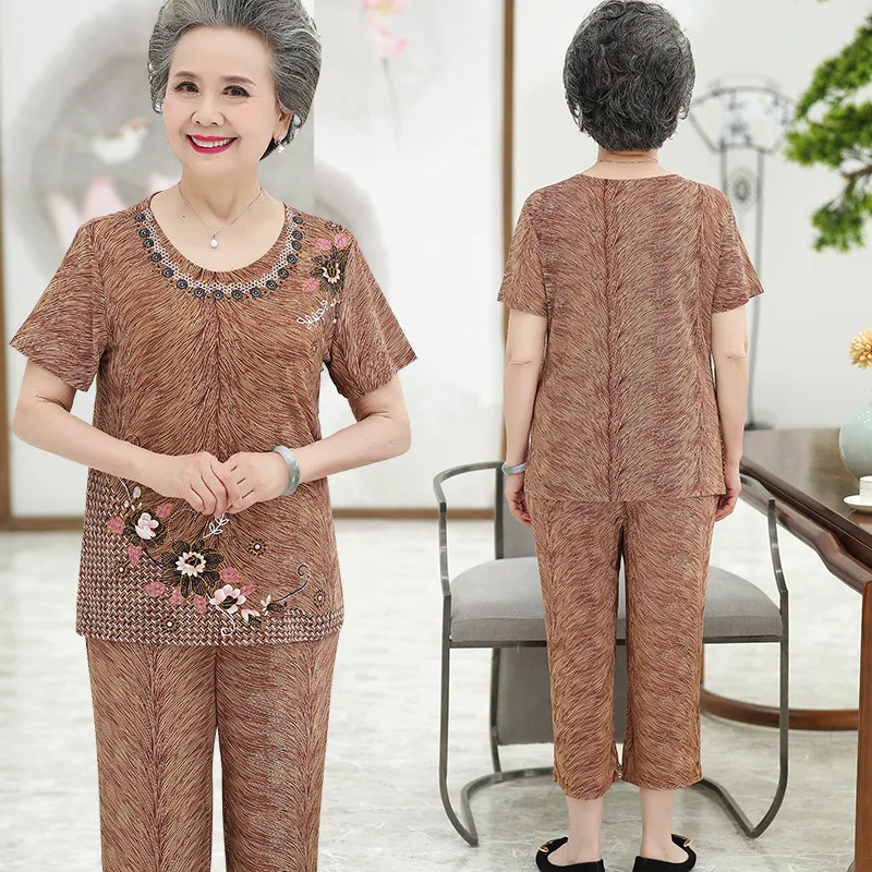 Fdfklak XL-5XL Middle Aged Mother Two Piece Set Elegant Print Grandma Short Sleeve Cropped Pant Tracksuit Women Suit Female