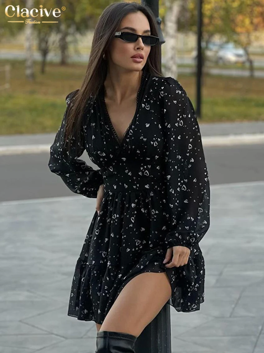 

Clacive Fashion Loose Print Women's Dress 2025 Sexy V-Neck Long Sleeve Mini Dresses Elegant Classic High Waist Female Dress