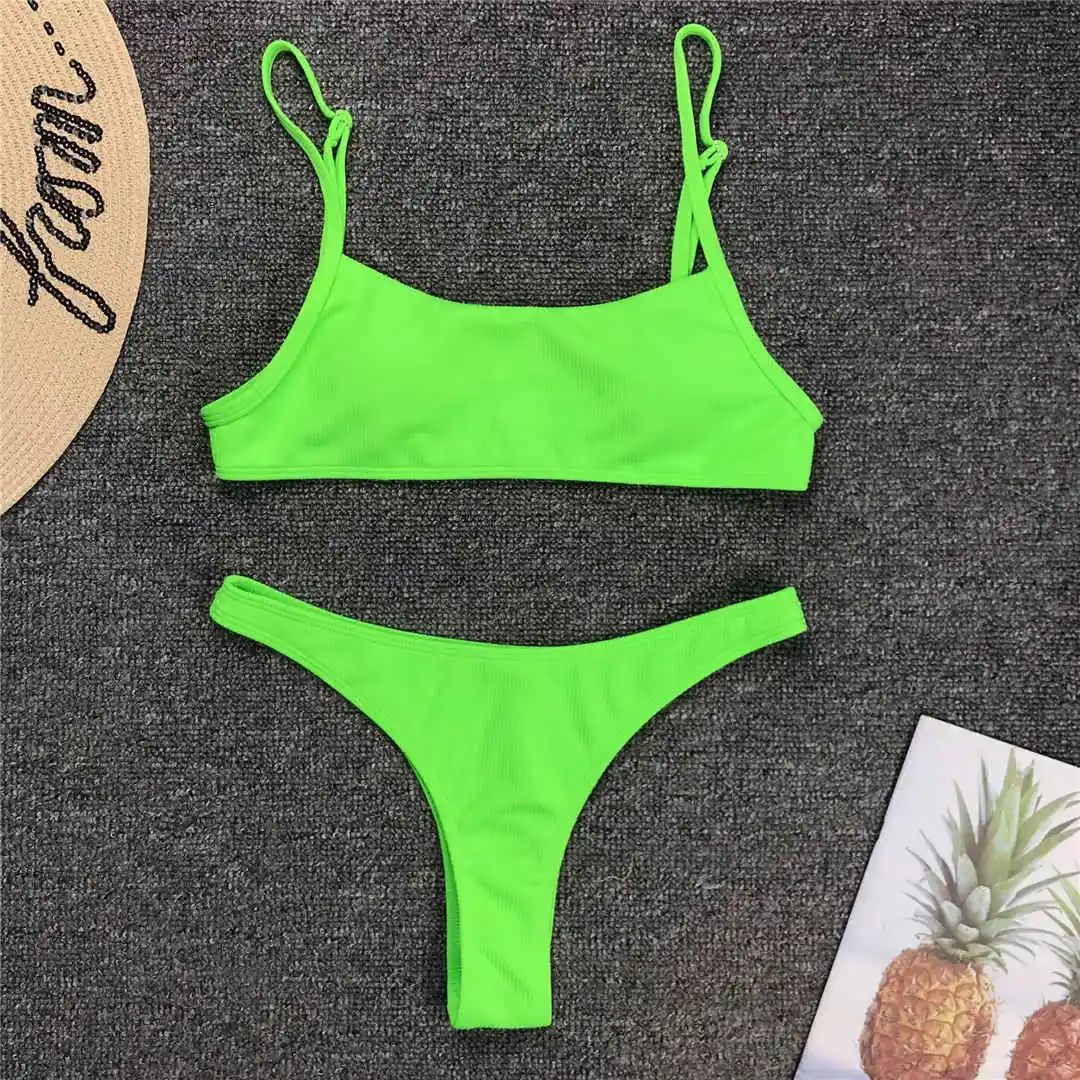 Sexy Neonpink gerippter brasilianischer Damen-Badeanzug, Bikini mit niedriger Taille, zweiteiliger Bikini-Set, Badeanzug V1295 – Detail 22