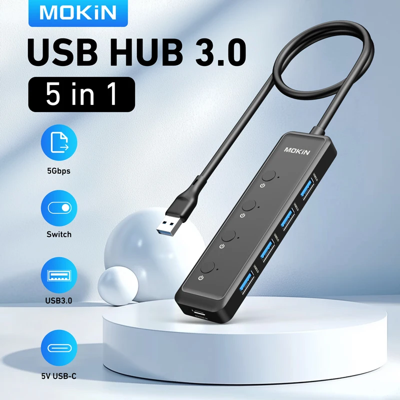 MOKiN 5 in 1 USB 3.0 Hub Multi Type C Splitter 5Gbps High Speed USB C Splitter OTG Adapter for Macbook Pro Air PC Laptops