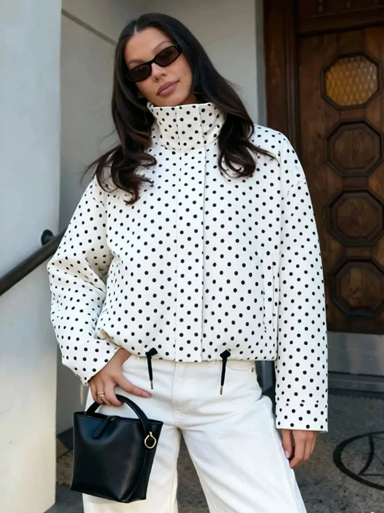 Fashion Polka Dot Bomber Jacket Women Autumn Chic Zipper Drawstring Loose Cropped Coats Female Streetwear Stand Collar Overcoats