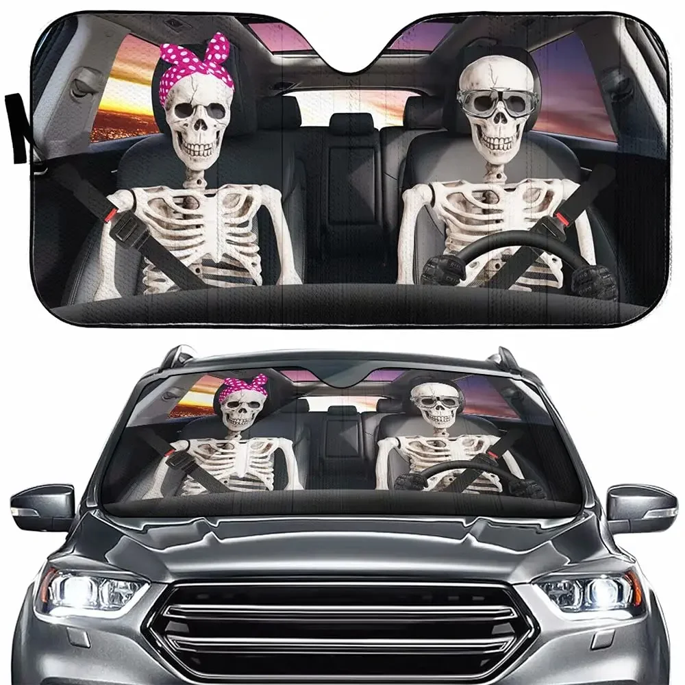 Skull Couple Driver Auto Windshield Sun Shade,Funny Skull Family Sun Visor Protector Sunshade for Car Truck SUV