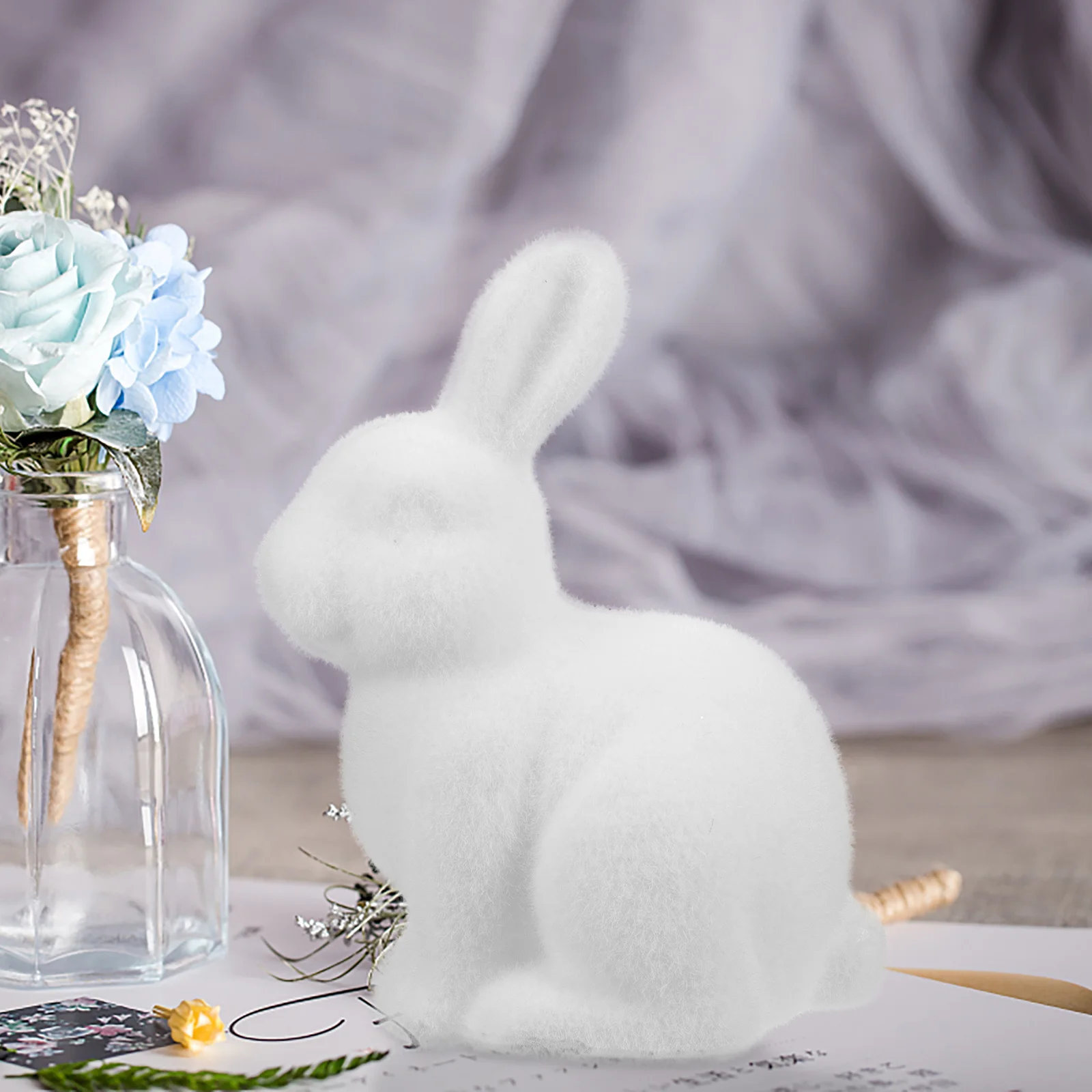 

Artificial Flocked Rabbit Decor Easter Small Bunny Ornament Realistic Indoor Tabletop Spring Holiday Rabbit Decoration