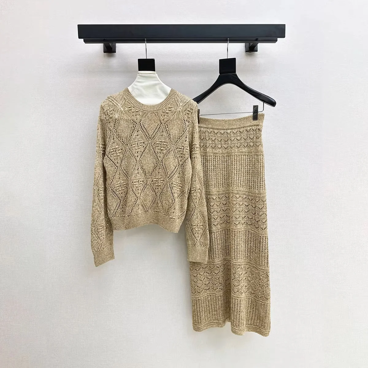 2026 High Quality Women's Wear Bright Silk Hollow Knitted Two Piece Set26811179