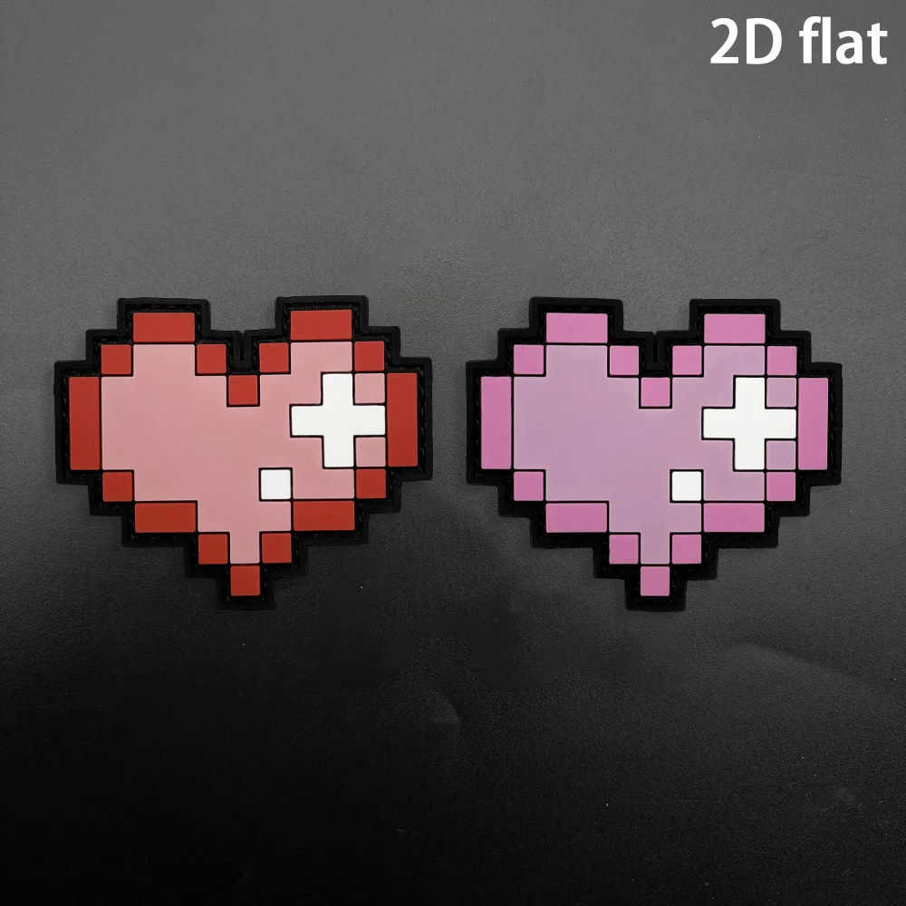 Cartoon pixel broken heart-shaped unique design, 2D flat PVC material, Velcro patch, 1 piece. The Velcro patch comes with a free rough side, fully covered with black edges, glued and reinforced for durability, can be repeatedly attached and removed. It is a retro trendy tactical style accessory for clothing