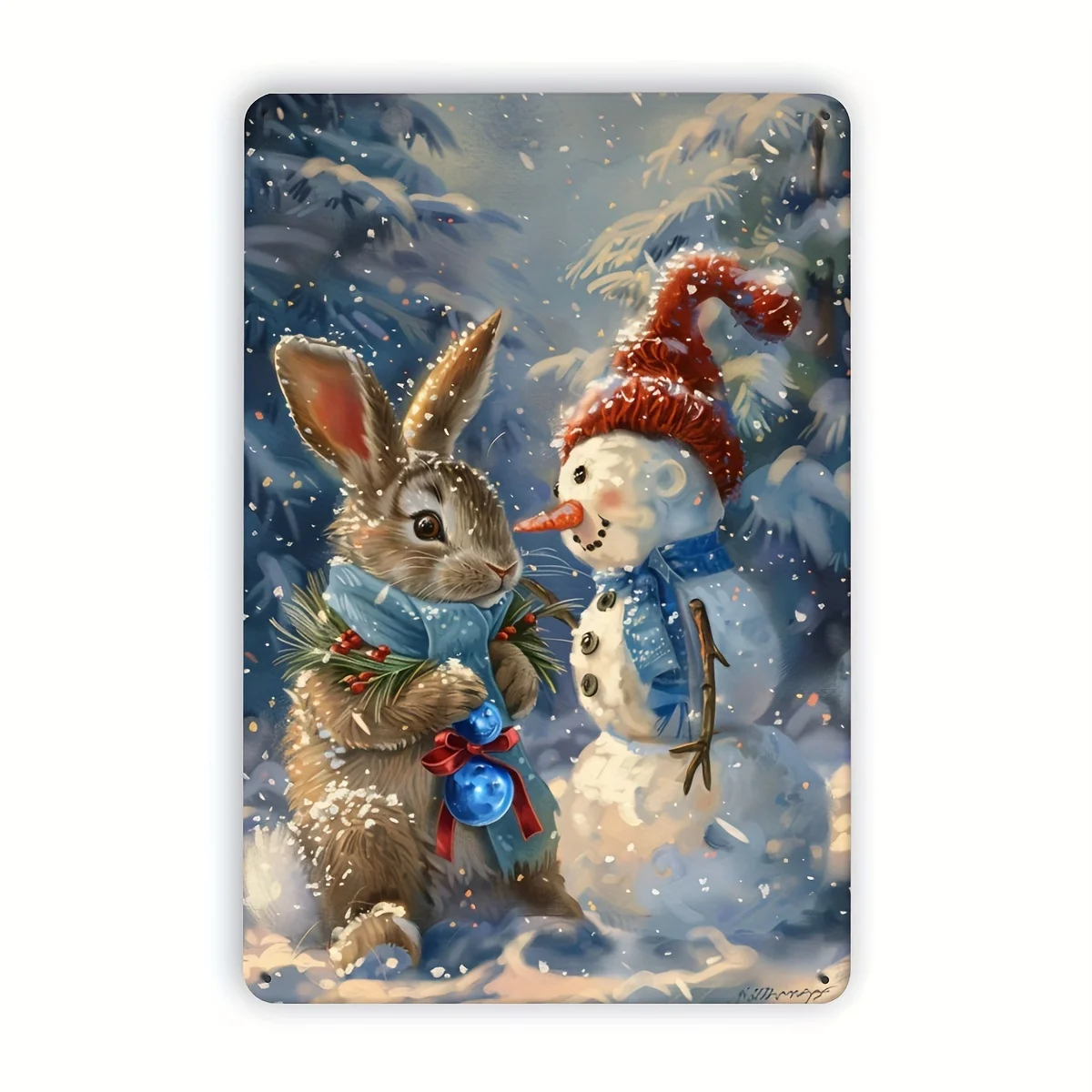 Bunny and Snowman Vintage Metal Tin Sign, Indoor Outdoor Decorative Hanging Tin Painting, Wall Room Residential Bedroom Restaura