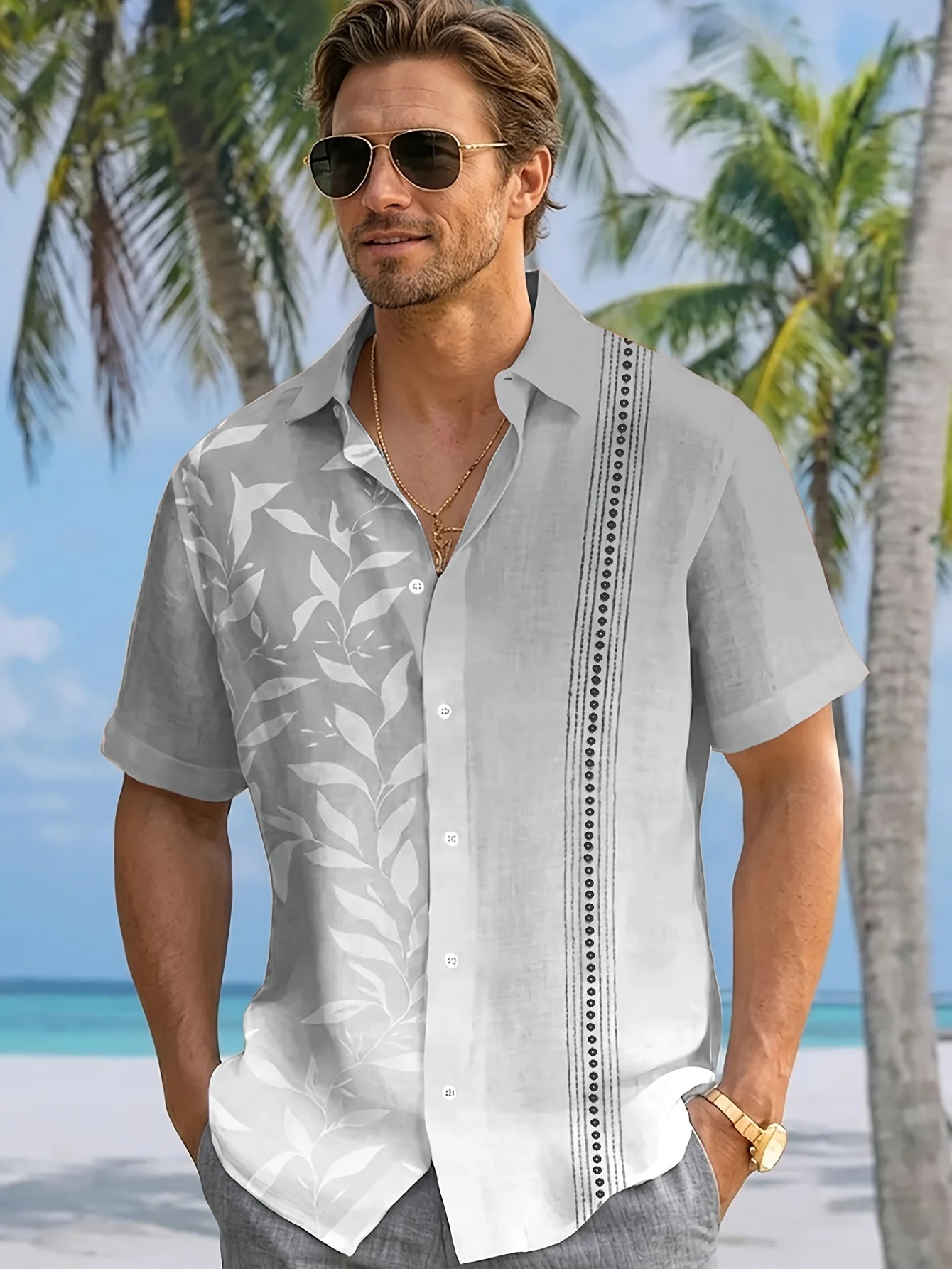 Men's Shirt Gradient Tone Leaf Print Short Sleeve Turn Down Collar Loose Cut Summer Beach Vacation Daily Casual Mens Clothing