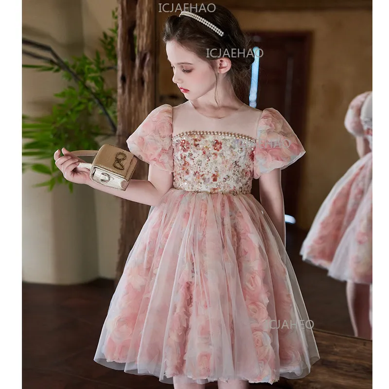 

Girls Dress Little Girls Forest Style Pink Formal Gown 2026 New Summer Arrival Costume Floral Birthday Princess Dress Stylish
