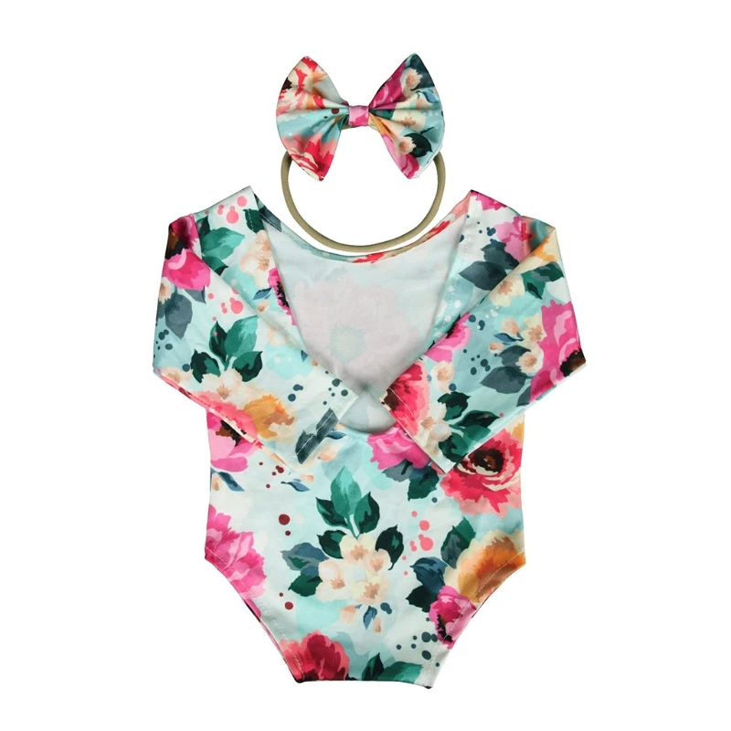 Newborn Photography Props Baby Floral Hollow Open Back Romper Headband Set Infants Photo Outfits