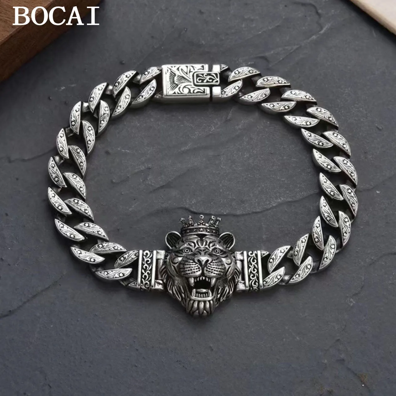

BOCAI New Original S925 Silver Personality Trend Rattan Grass Pattern Domineering Tiger Head Tank Bracelet for Man
