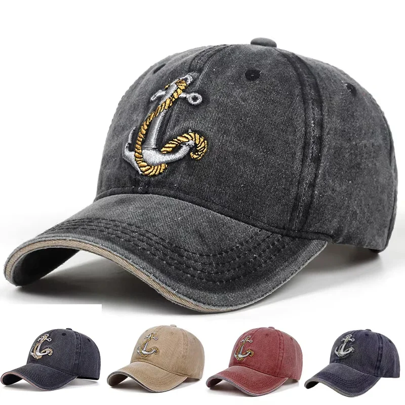 Unisex Pirate Hook Embroidery Washed Baseball Caps Adjustable Casual Hats Spring and Autumn Outdoor Sunscreen Hat