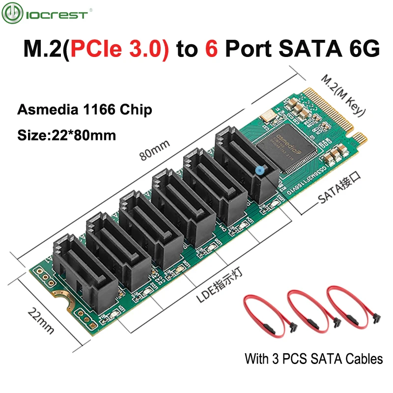 IOCREST M.2 (PCIe 3.0) to 6 Ports SATA III 6G SSD Adapter with 3 SATAIII Cable PCIe Gen3x2 Non-RAID Asmedia 1166 Chip