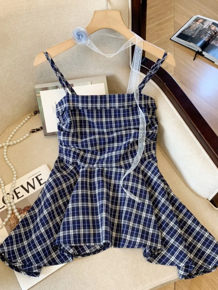 

Синий клетчатый жилет с асимметричным ремешком, женский летний наряд, футболка с рюшами по подолу, сладкий и пряный девушка Sle