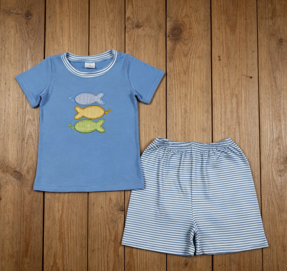 Wholesale Boys Embroidery Outfits Toddler Short Sleeves Fish Shirt Children Kids Set Baby Boy Blue Stripes Shorts Clothes