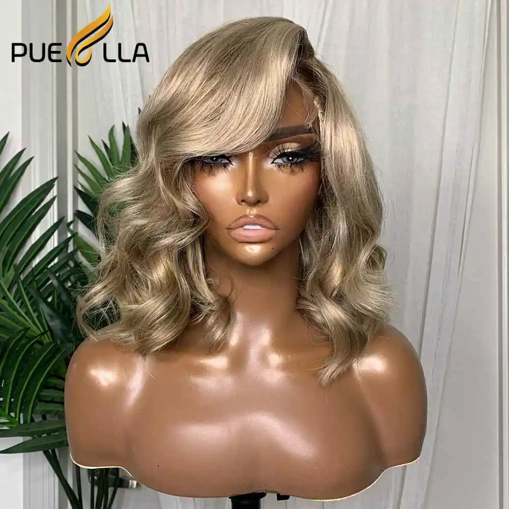 250% Ombre Beige Bronde 13x4 Lace Front Wig Brazilian Human Hair Preplucked Short Transparent Loose Body Wave Frontal Wigs