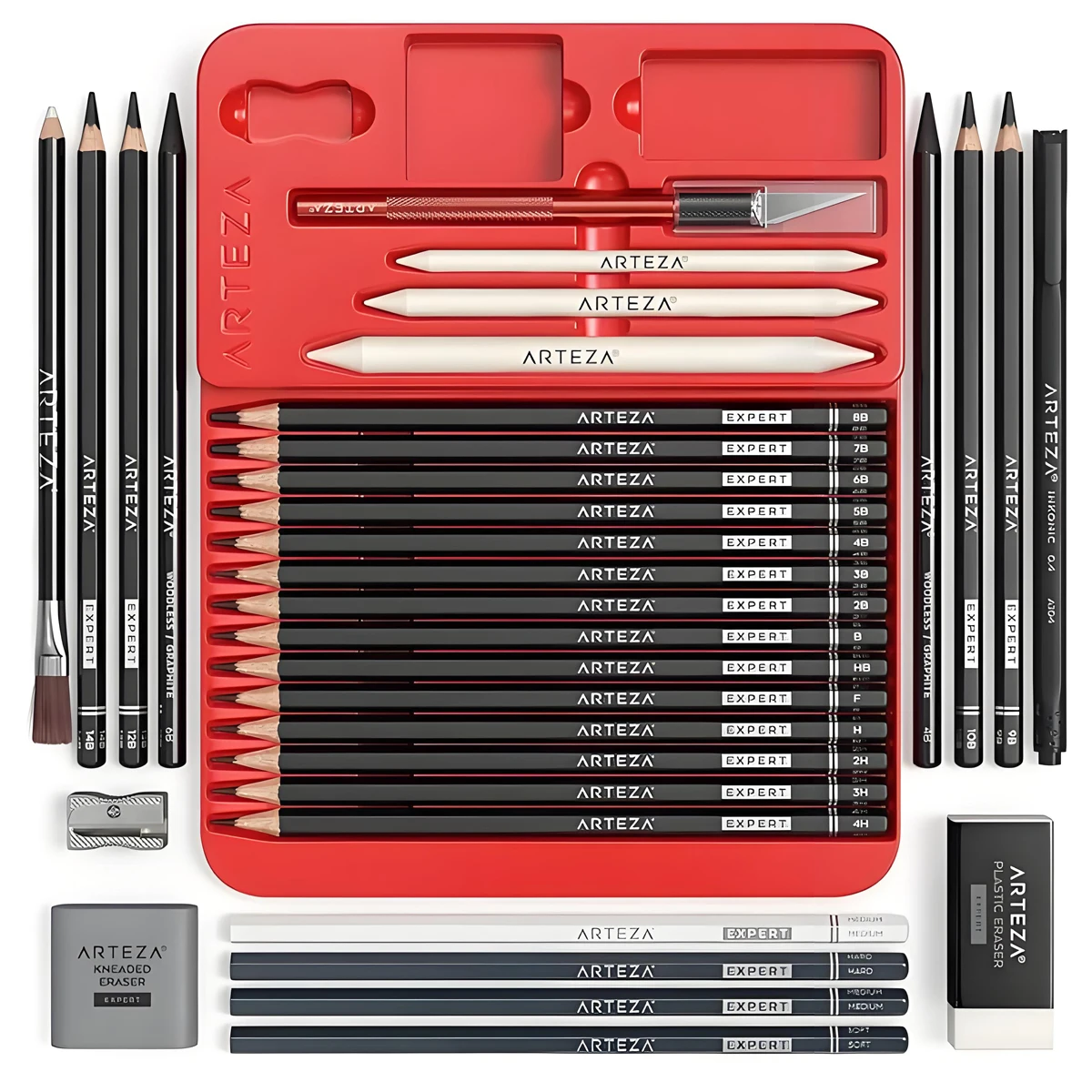 Arteza 33Pcs Drawing Set for Adults, Artist Sketching Kit with Graphite & Charcoal Pencils, Blenders, Erasers, Art Supplies