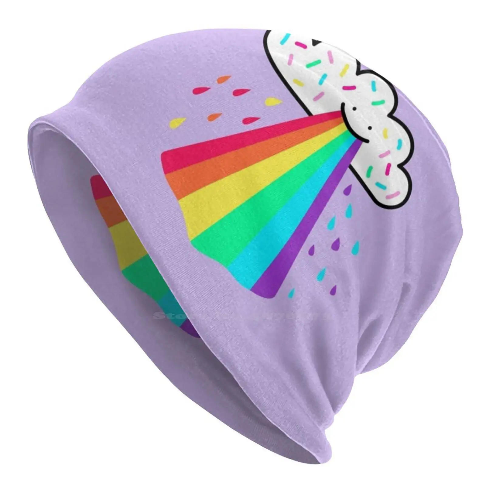 Rainbow Blast Knitted Hat Warm Beanie Outdoor Caps Supercutebowl Fluffy Adorable Aww Clouds Sprinkles Rainbows Cutie Sweet