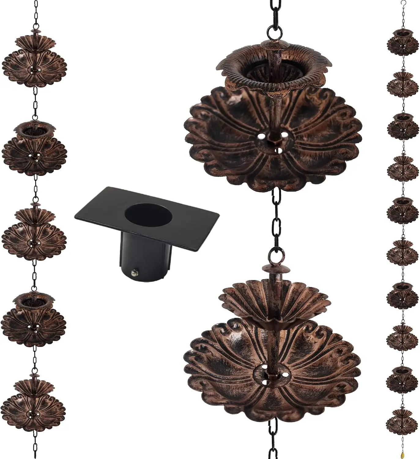 Iron Fountain Decorative Rain Chains For Gutters Outdoor Weather Resistant Heavy Duty Downspout Chain Modern Patio Water Catcher Bronze 8.5 Ft