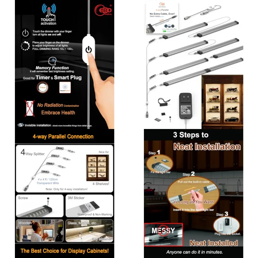 

LED Shelf Lights for Bookshelf"Splitter Parallel Under Cabinet Lighting Built-in Adjustable Cable Kitchen Counter Lights Bar Bo
