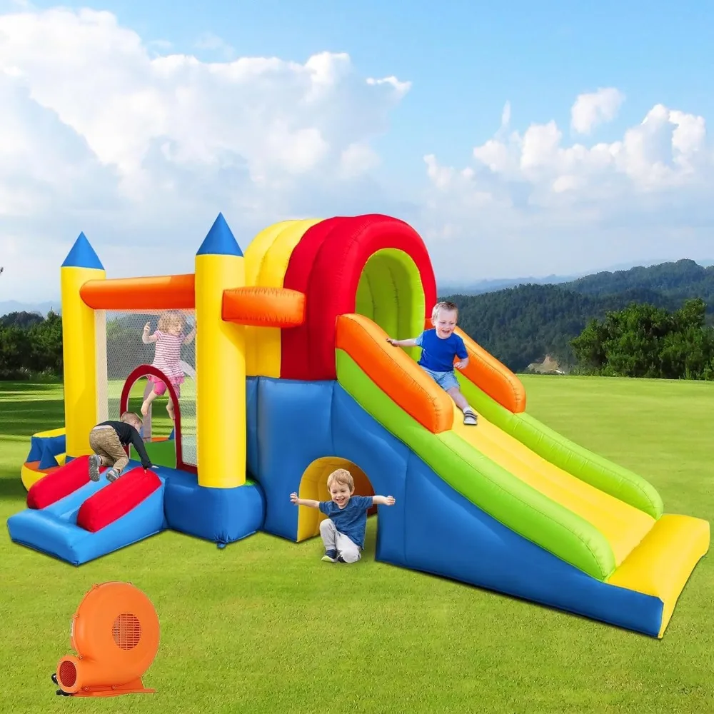 

inflatable bounce house, 8 in 1 large bounce castle with blower for kids and toddlers, outdoor indoor backyard inflatable bounce
